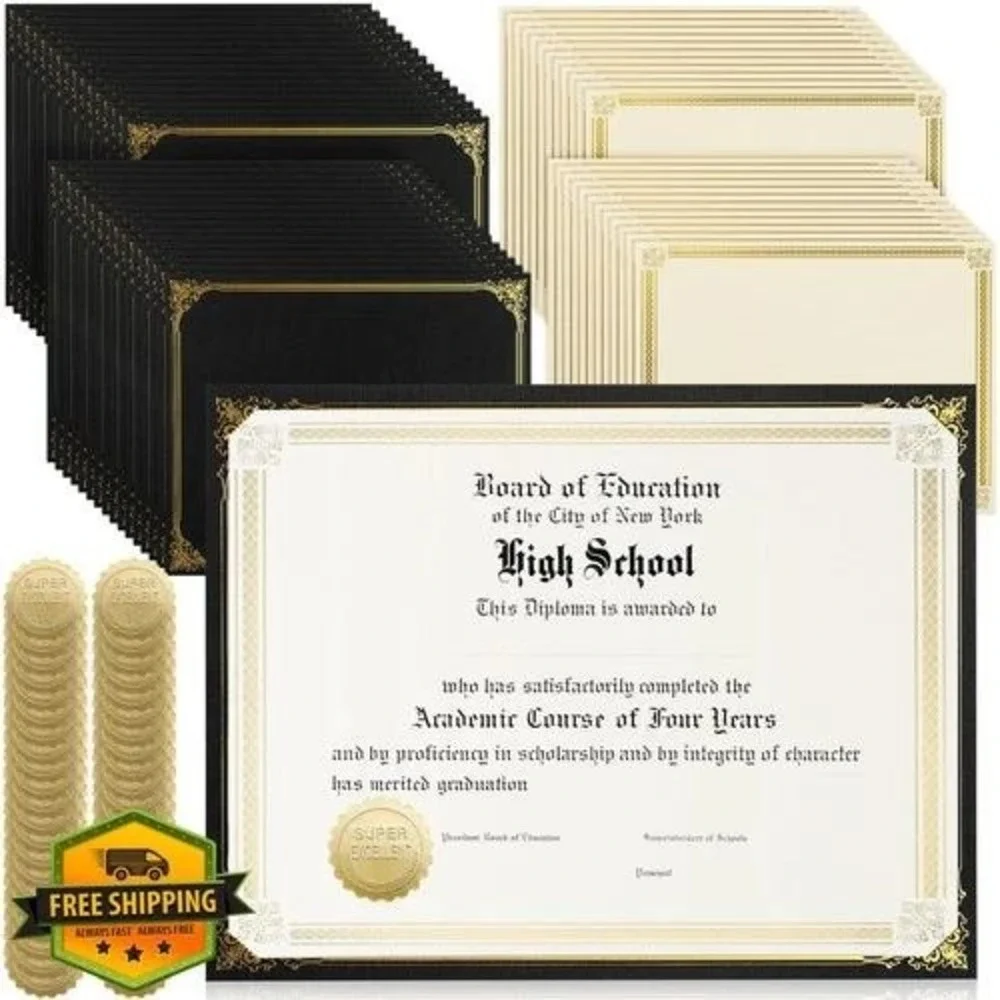 Kosiz 300 Pcs Certificate of Accomplishment Set Black White Gold Foil Seals New‎